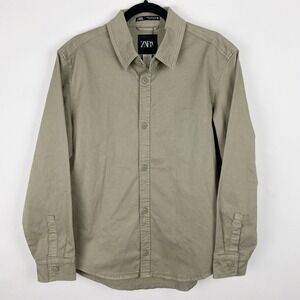 ZARA Olive Khaki Stretch Cotton Heavyweight Button Up Shirt Mens Size M New‎